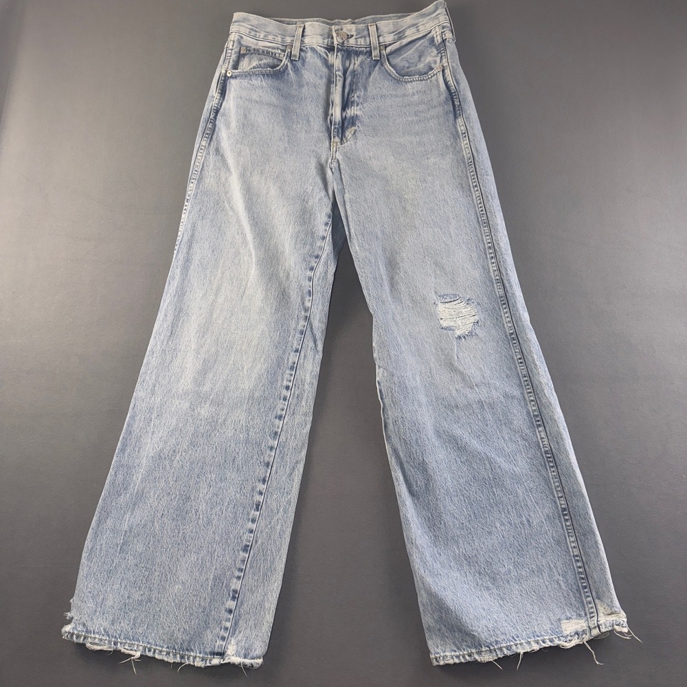 AMO Wonderlust Wide Leg Jeans Light Wash Distressed Cotton Denim Size 29
